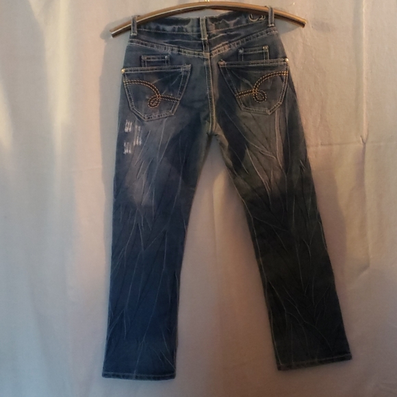 City Ink Distressed Whiskers Denim Ombre Blue Jeans - Picture 3 of 5